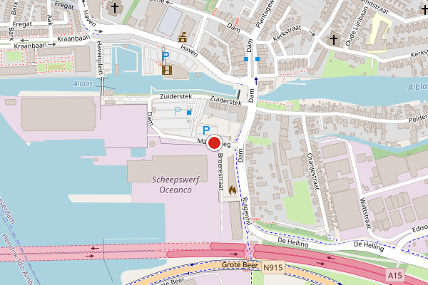 Brandweer-melding op Marineweg, Alblasserdam op 17 juni, kaart-overzicht